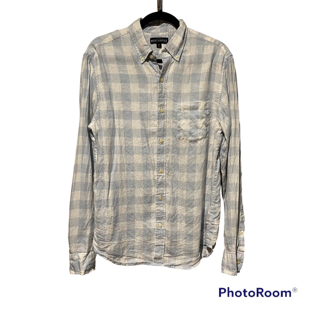 J. Crew Mercantile Men’s 100% Linen Blue and White Check Button Down Shirt